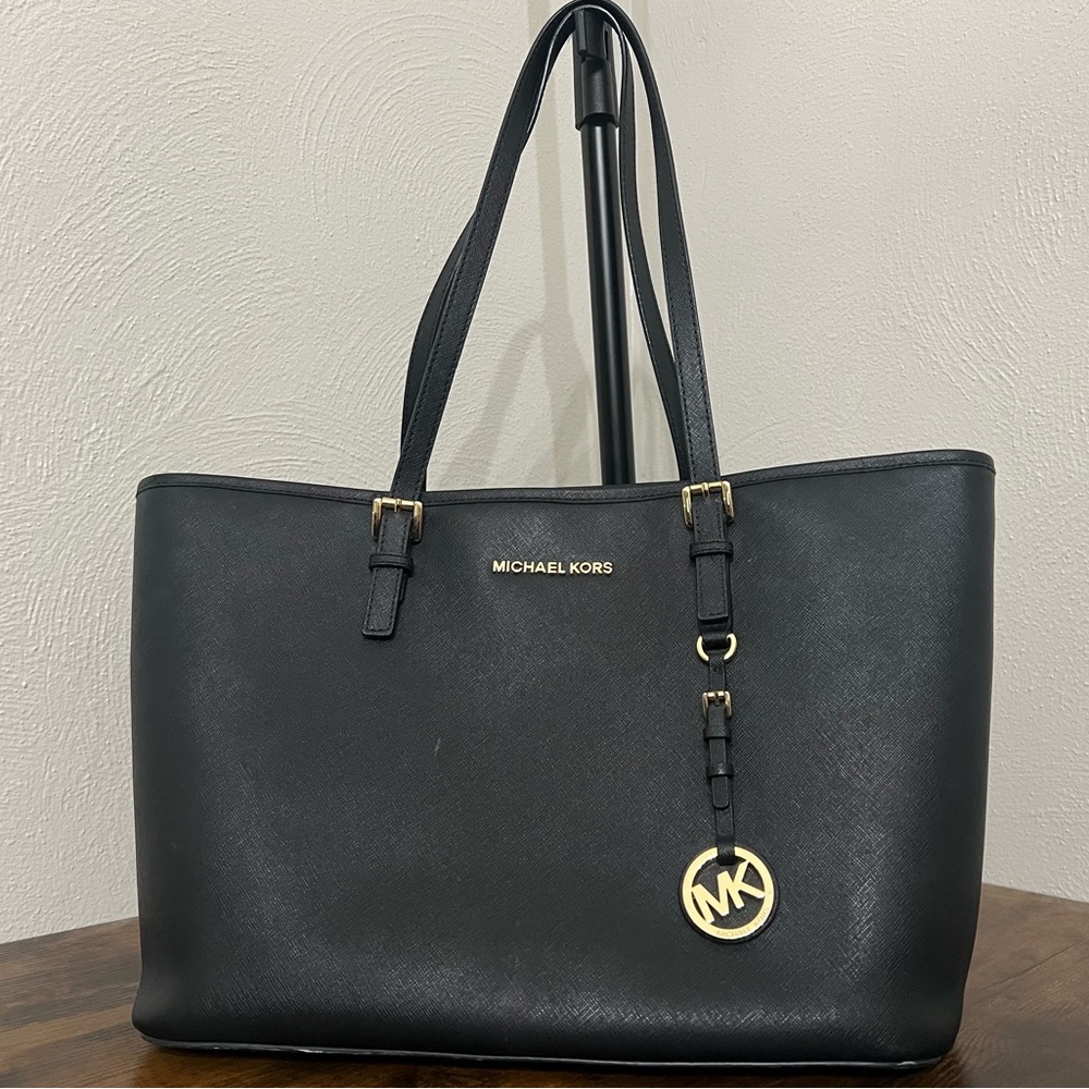 Michael Kors Black Leather Tote with Gold Accents